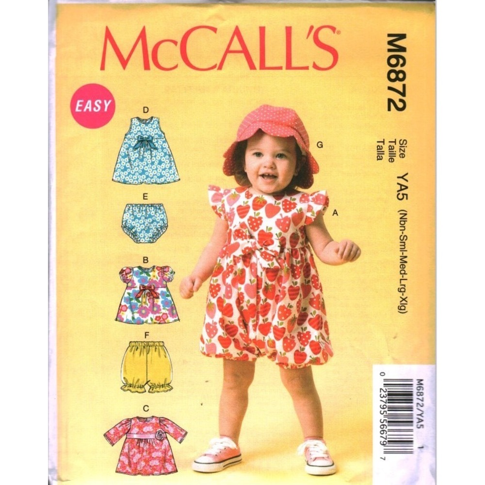 McCall's M6872 Infants Romper Dress Tops Bloomers Hat Sewing Pattern Size NB-XL